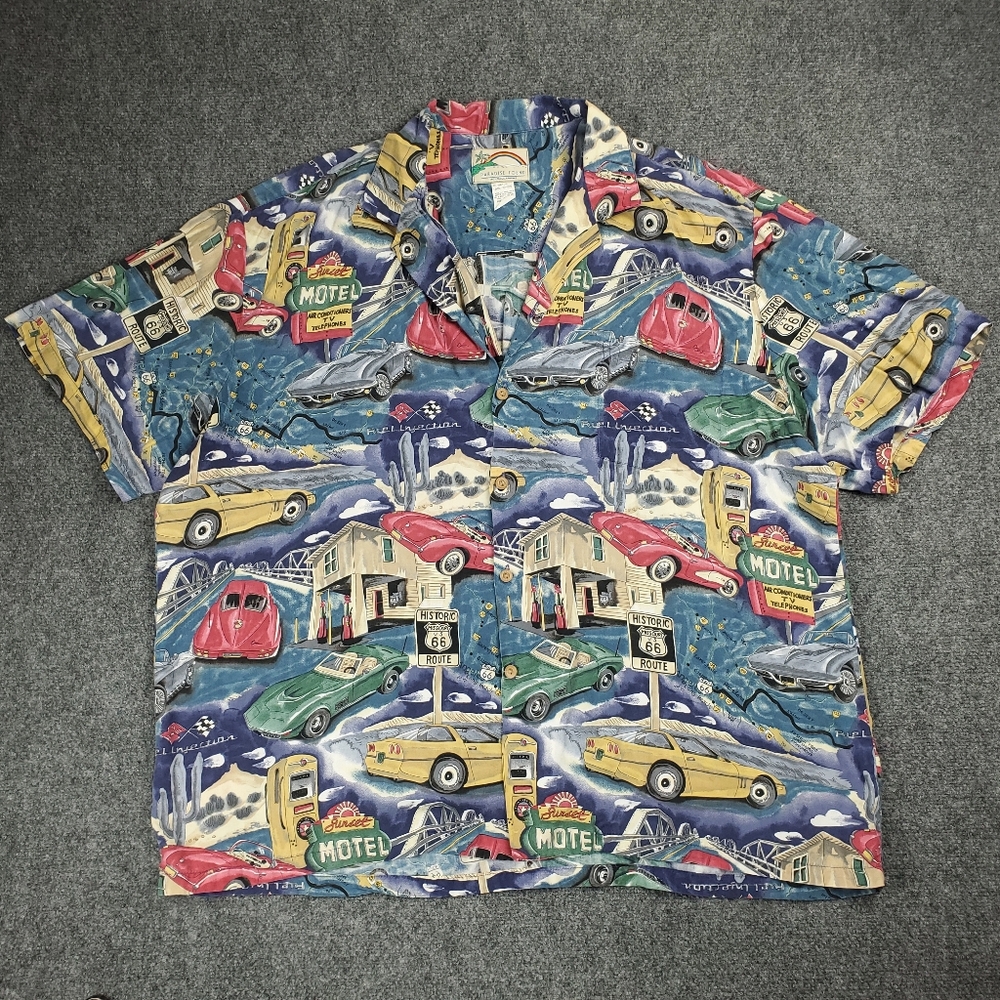 Vintage Paradise Found Hawaiian Shirt Mens 2XL Corvette Cars Racing Travel Camp